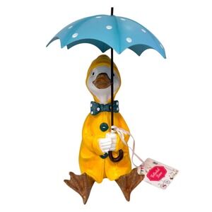 Sitting Duck Figurine Yellow Raincoat Blue Polka Dot Umbrella Easter NEW